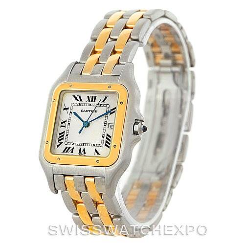 The image shows a Cartier Panthere Men
s Steel and Gold (two tone) Silver Dial Men
s Steel and Gold (two tone) Silver Dial watch from a three-quarters angle, highlighting its bracelet, case, dial, and crown.