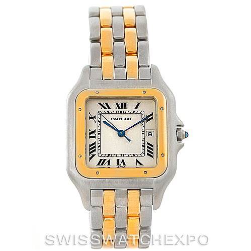 The image shows a front view of a Cartier Panthere Men
s Steel and Gold (two tone) Silver Dial Men
s Steel and Gold (two tone) Silver Dial watch displaying its face, bezel, and part of the two-tone bracelet.