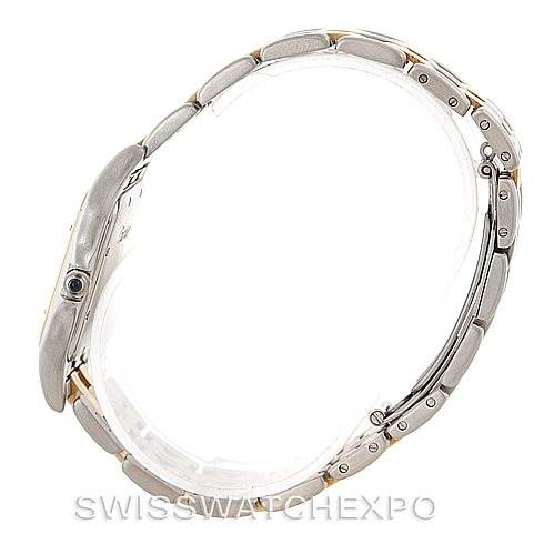 The image shows a side profile of the Cartier Panthere Men
s Steel and Gold (two tone) Silver Dial Men
s Steel and Gold (two tone) Silver Dial watch, highlighting its band and clasp.