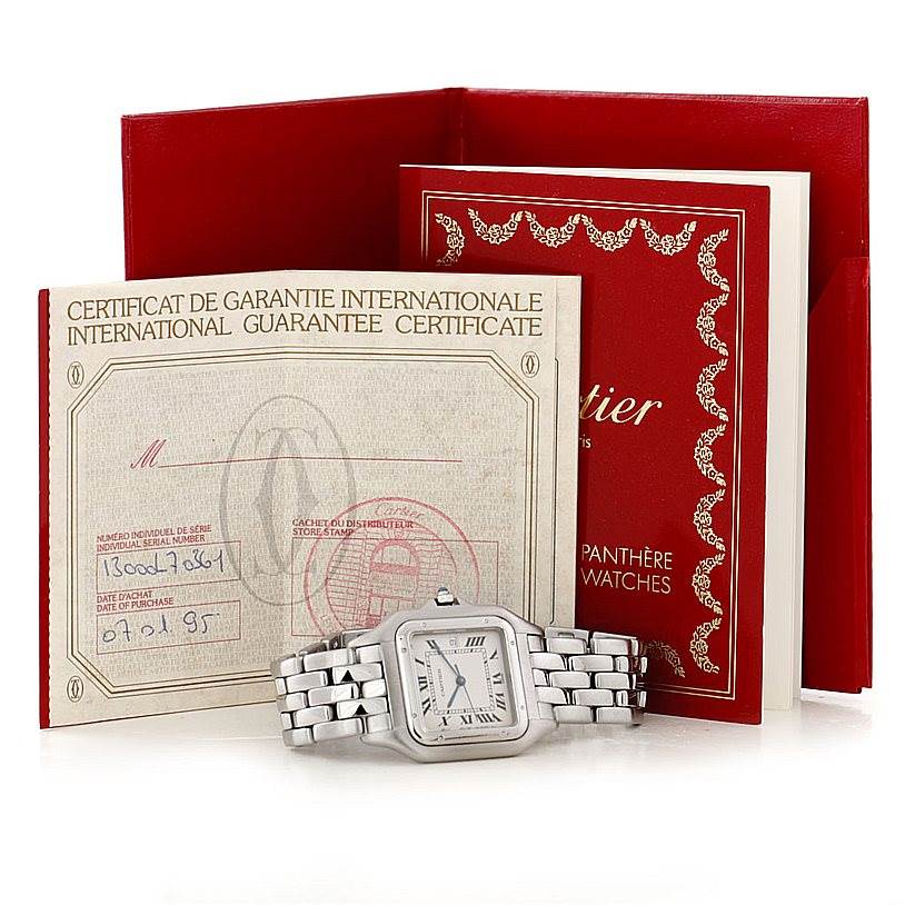 The image shows a Cartier Panthere W25032P5 Men's Stainless Steel Silver Dial W25032P5 Men's Stainless Steel Silver Dial watch with its international guarantee certificate and red documentation holder.