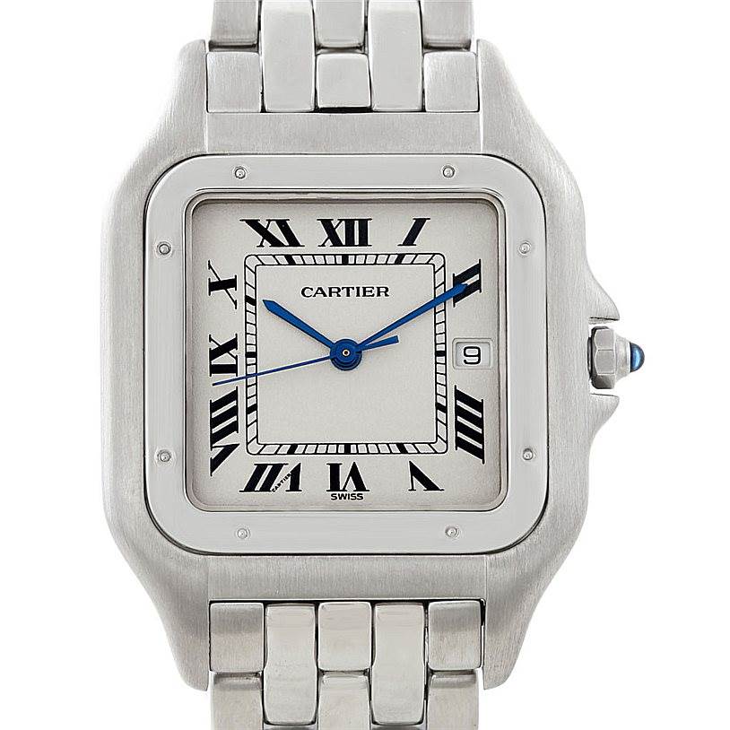 This image shows the front view of the Cartier Panthere W25032P5 Men's Stainless Steel Silver Dial W25032P5 Men's Stainless Steel Silver Dial watch, displaying its face, hands, date window, and a portion of the bracelet.