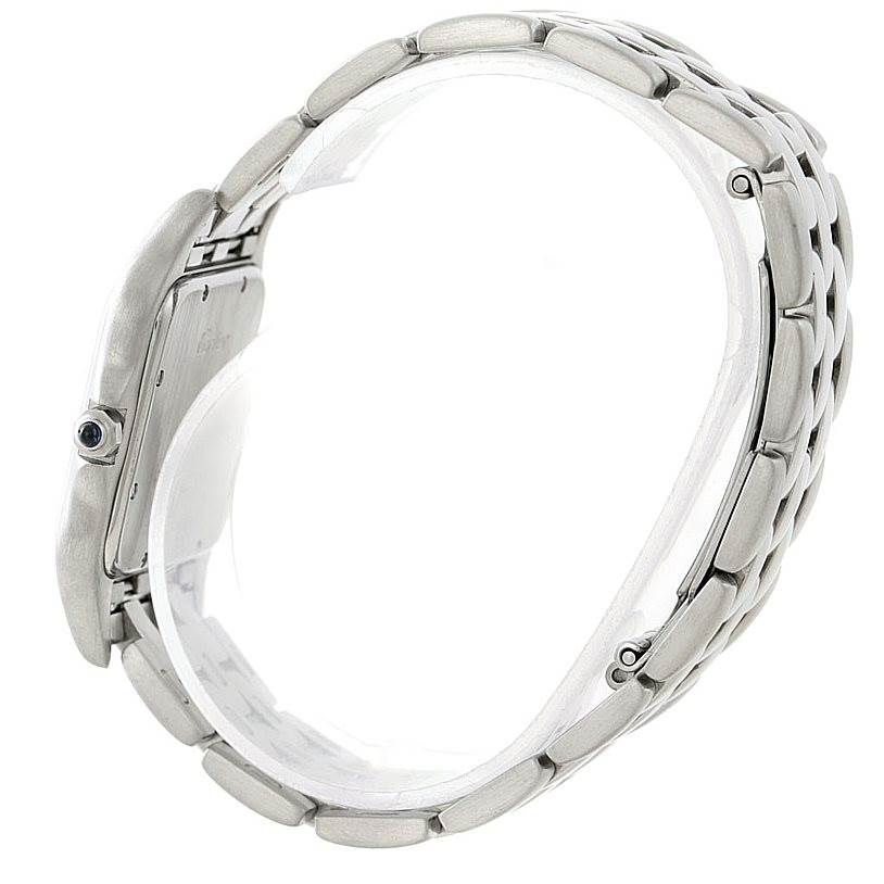 The image shows a side view of a Panthere model watch by Cartier, highlighting the metal bracelet and case side.