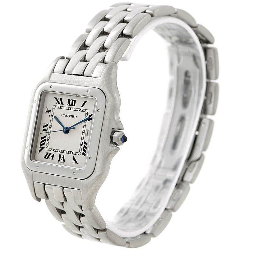 The image shows a Cartier Panthere W25032P5 Men's Stainless Steel Silver Dial W25032P5 Men's Stainless Steel Silver Dial watch angled to display the face, bracelet, and crown.