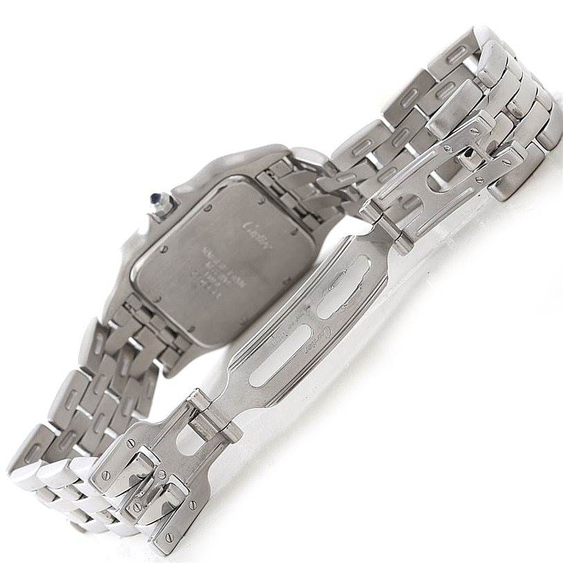 The image shows a rear view of the Cartier Panthere W25032P5 Men's Stainless Steel Silver Dial W25032P5 Men's Stainless Steel Silver Dial watch partially open, highlighting the case back and clasp.