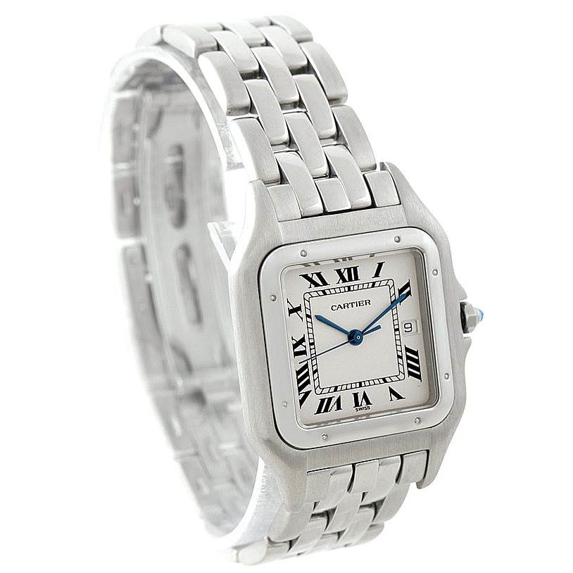 This image shows a Cartier Panthere W25032P5 Men's Stainless Steel Silver Dial W25032P5 Men's Stainless Steel Silver Dial watch at a three-quarter angle, highlighting the face, bezel, and part of the bracelet.