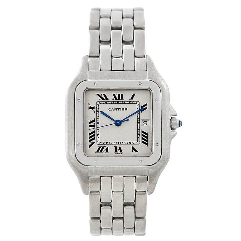 The image shows a front view of a Cartier Panthere W25032P5 Men's Stainless Steel Silver Dial W25032P5 Men's Stainless Steel Silver Dial watch, featuring its face, dial, bracelet, and clasp.