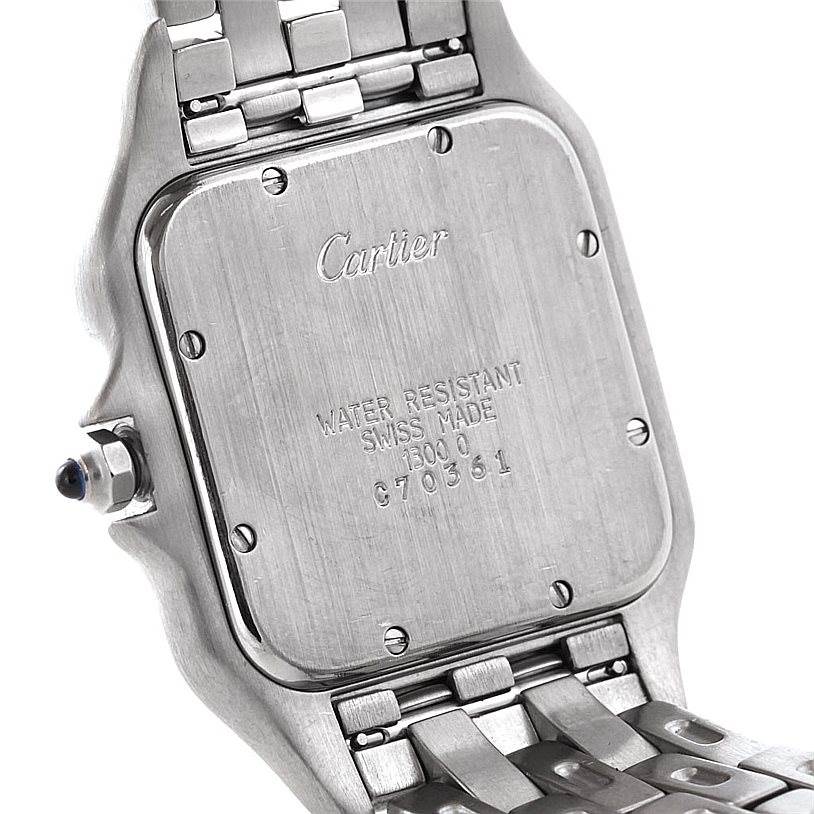 The image shows the case back and part of the bracelet of the Panthère model by Cartier.