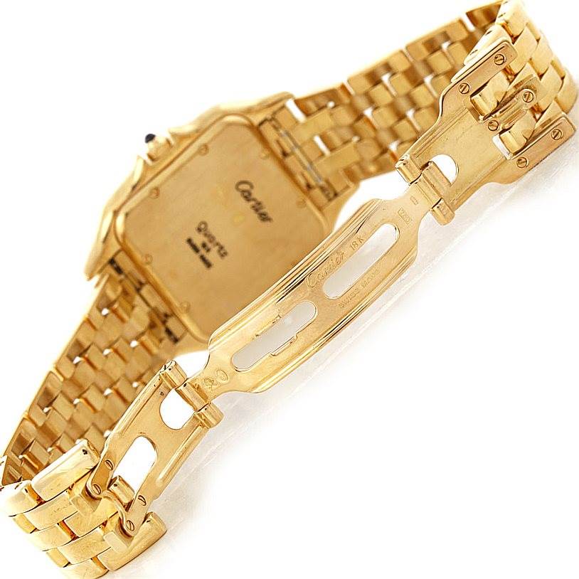 The image shows the back view of a Cartier Panthere W25014B9 Men's Yellow Gold Silver Dial W25014B9 Men's Yellow Gold Silver Dial watch, highlighting the clasp, bracelet, and case back.