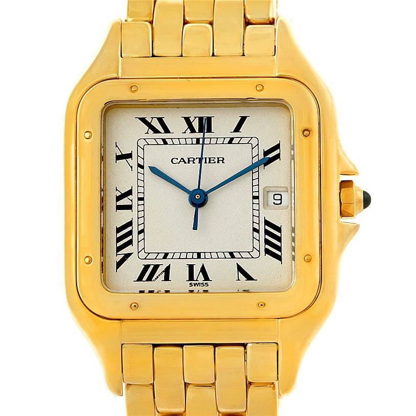 The image shows a close-up of the dial and top part of the bracelet of the Cartier Panthere W25014B9 Men's Yellow Gold Silver Dial W25014B9 Men's Yellow Gold Silver Dial watch.