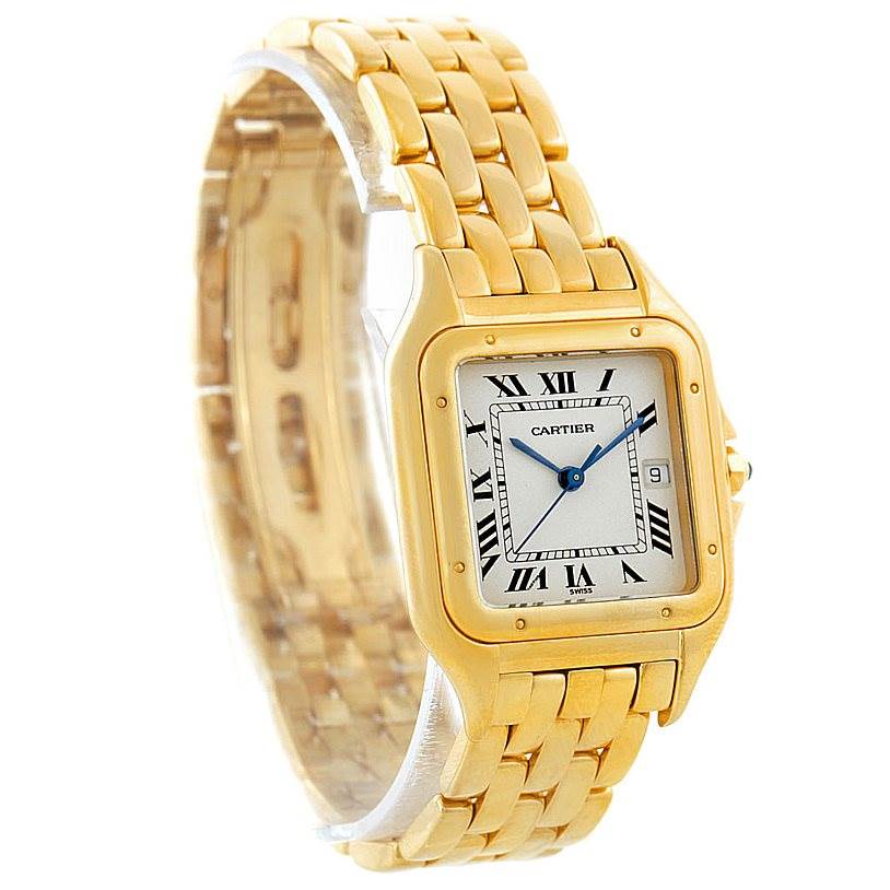 The Cartier Panthere W25014B9 Men's Yellow Gold Silver Dial W25014B9 Men's Yellow Gold Silver Dial watch is shown at a 3/4 angle, displaying its gold case, bracelet, and Roman numeral dial clearly.