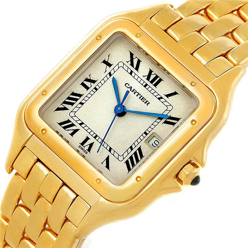 The image shows a close-up of a Cartier Panthere W25014B9 Men's Yellow Gold Silver Dial W25014B9 Men's Yellow Gold Silver Dial watch face and part of its gold metal bracelet.