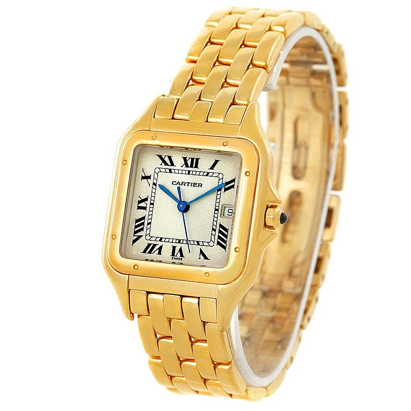 The image shows a front and slight side view of the Cartier Panthere W25014B9 Men's Yellow Gold Silver Dial W25014B9 Men's Yellow Gold Silver Dial model watch, highlighting its face, bracelet, and crown.