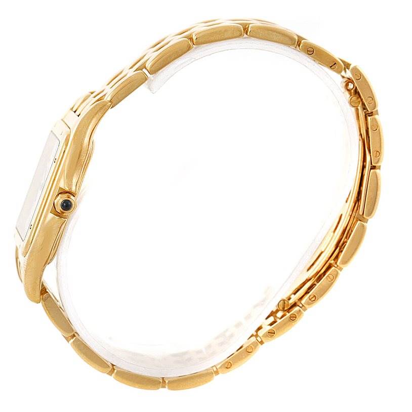 The image shows a side view of a Panthere model by Cartier, highlighting the gold case, bracelet, and crown.