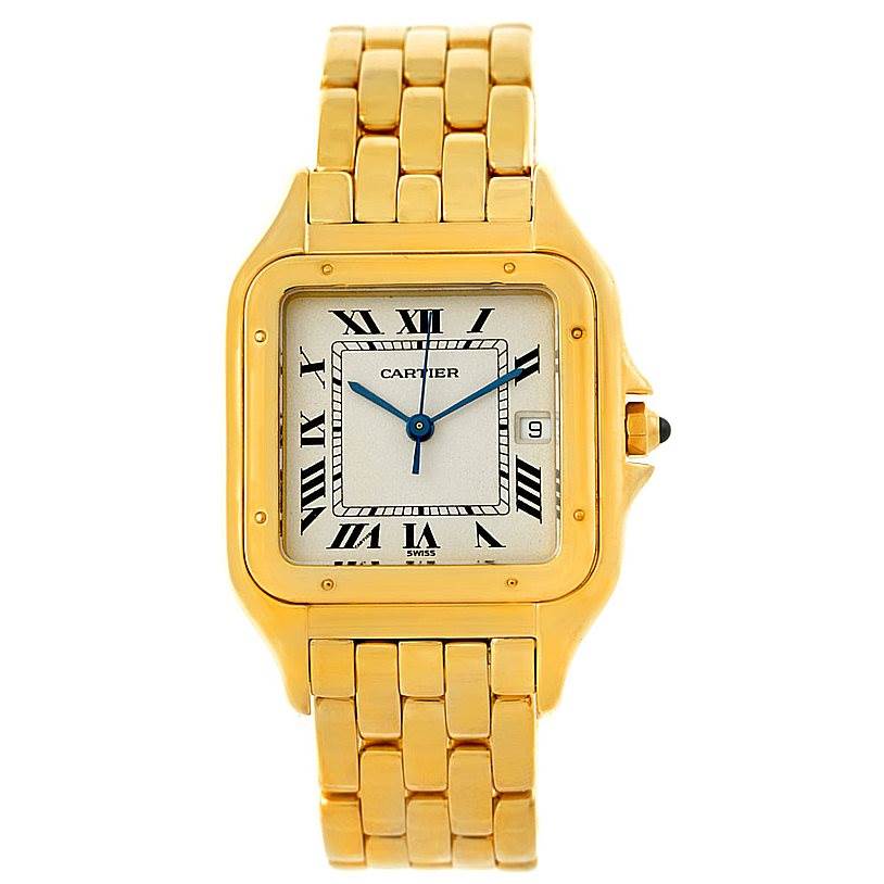This image shows a frontal view of the Cartier Panthere W25014B9 Men's Yellow Gold Silver Dial W25014B9 Men's Yellow Gold Silver Dial watch showcasing its gold bracelet, square face, and Roman numeral dial.