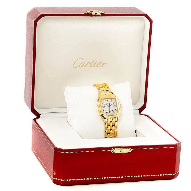 The Cartier Panthere W25014B9 Men's Yellow Gold Silver Dial W25014B9 Men's Yellow Gold Silver Dial watch is shown from the front in an open red box.