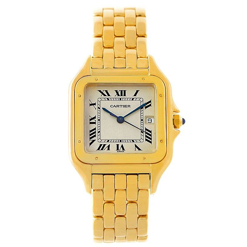 This image shows a frontal view of a Cartier Panthere W25014B9 Men's Yellow Gold Silver Dial W25014B9 Men's Yellow Gold Silver Dial watch, displaying the face, bezel, and part of the bracelet.