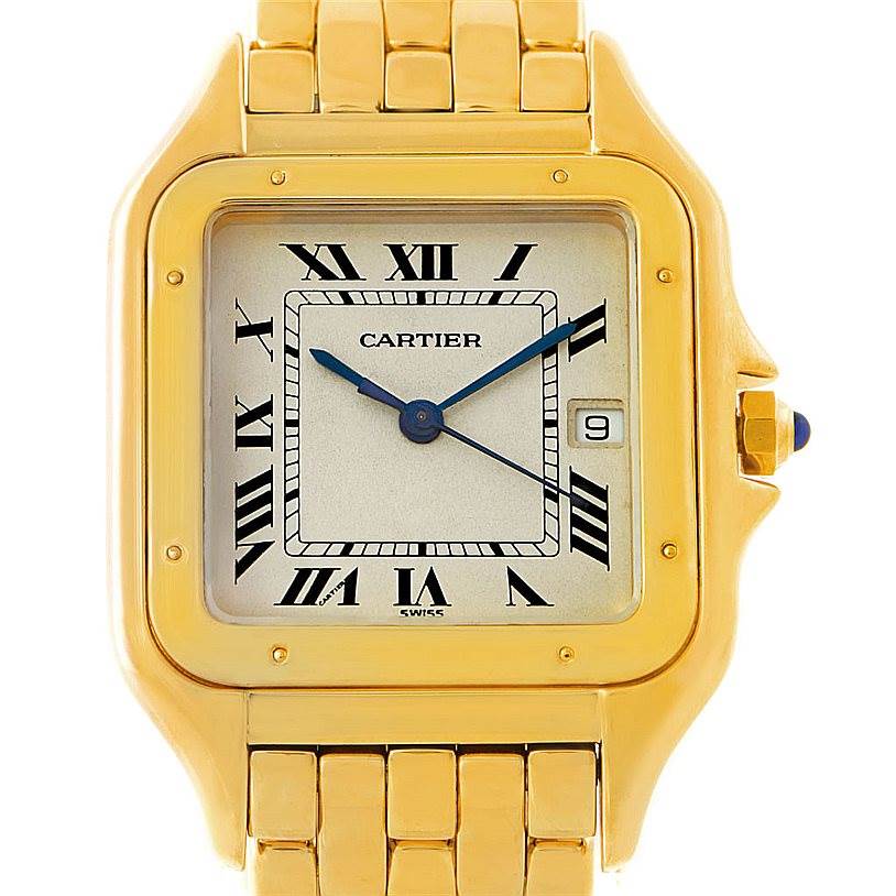 This image shows a front view of a Cartier Panthere W25014B9 Men's Yellow Gold Silver Dial W25014B9 Men's Yellow Gold Silver Dial watch, highlighting its face, bezel, and part of the bracelet.