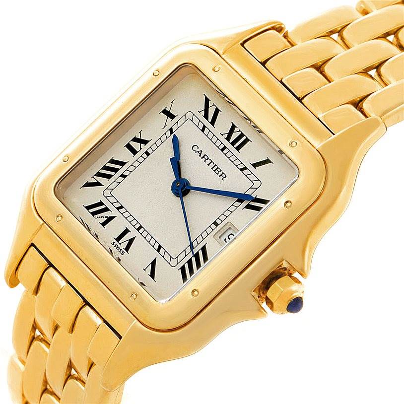 This image shows a close-up angle of the face and bracelet of a Cartier Panthere W25014B9 Men's Yellow Gold Silver Dial W25014B9 Men's Yellow Gold Silver Dial model watch.