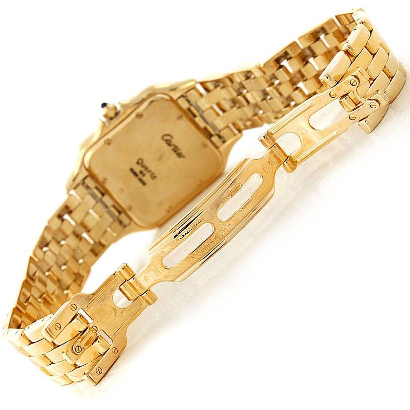 The image showcases the back view and clasp mechanism of a Cartier Panthere W25014B9 Men's Yellow Gold Silver Dial W25014B9 Men's Yellow Gold Silver Dial watch.