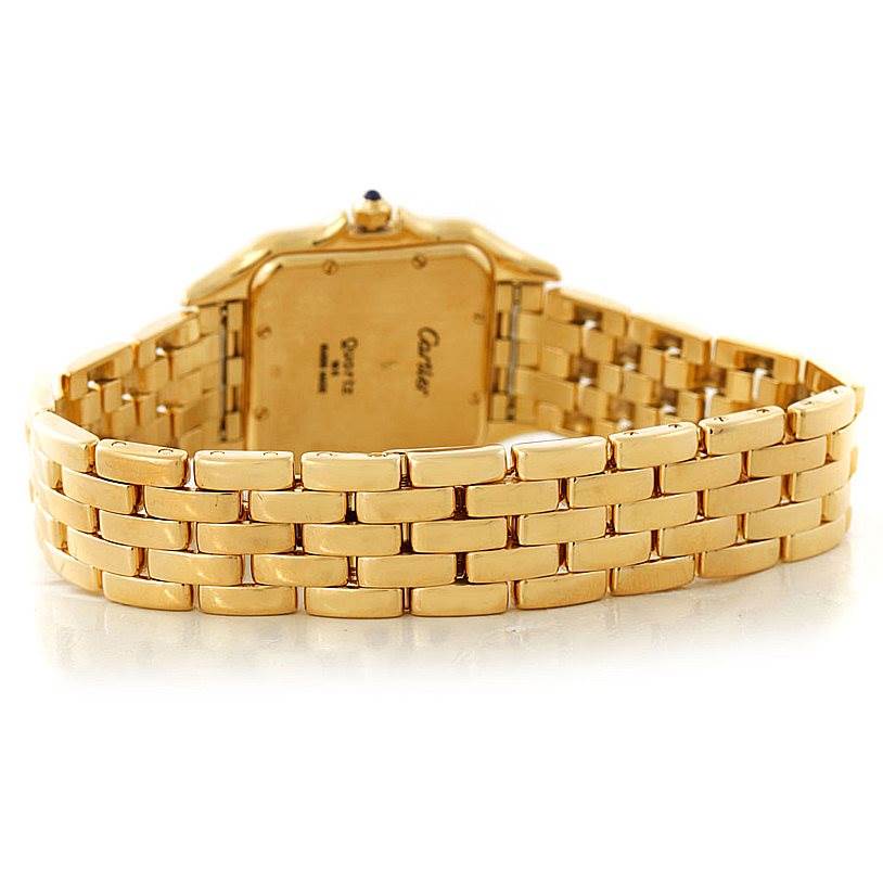 The image shows the back view of a Cartier Panthere W25014B9 Men's Yellow Gold Silver Dial W25014B9 Men's Yellow Gold Silver Dial watch, highlighting its gold bracelet and case back.