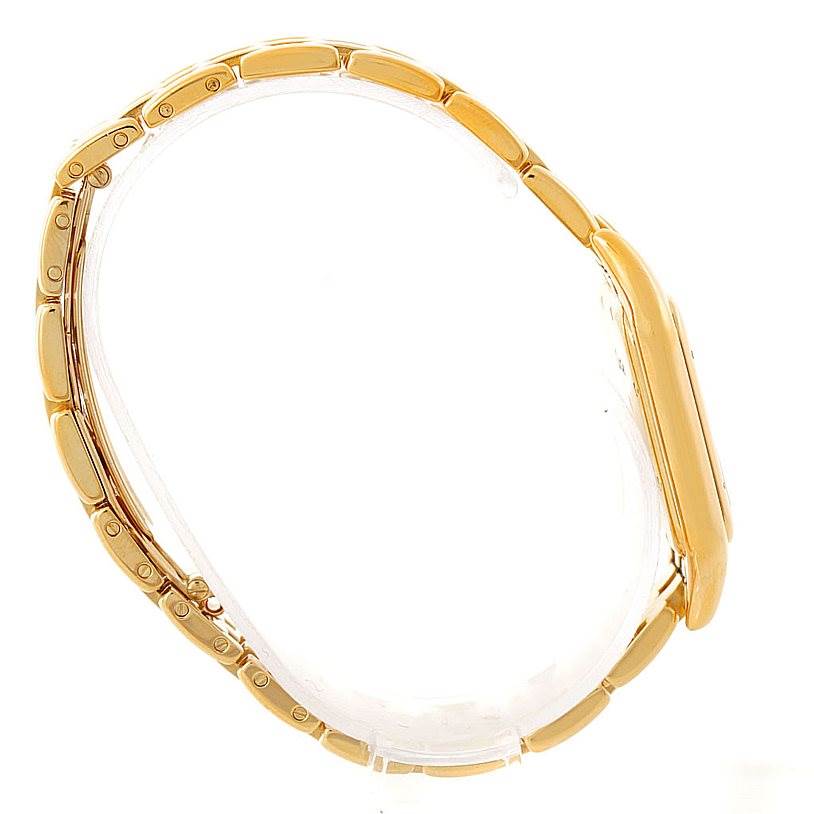 The image shows a side view of a Cartier Panthere W25014B9 Men's Yellow Gold Silver Dial W25014B9 Men's Yellow Gold Silver Dial watch, focusing on its gold bracelet and case.