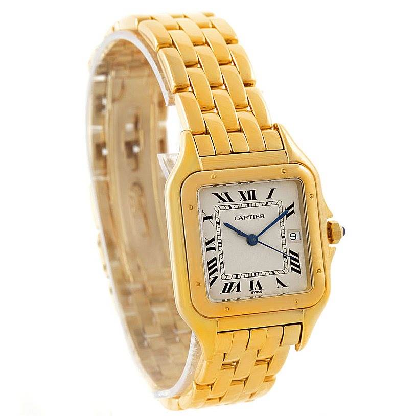 The image shows a Cartier Panthere W25014B9 Men's Yellow Gold Silver Dial W25014B9 Men's Yellow Gold Silver Dial watch at a three-quarter angle, highlighting its gold case, bracelet, and Roman numeral dial.