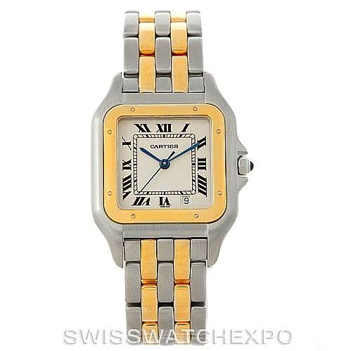 The image shows a front view of the Cartier Panthere W25028B6 Men's Steel and Gold (two tone) Beige Dial W25028B6 Men's Steel and Gold (two tone) Beige Dial watch, highlighting its two-tone metal bracelet and Roman numeral dial.