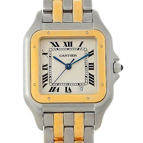 The image shows a frontal view of the Cartier Panthere W25028B6 Men's Steel and Gold (two tone) Beige Dial W25028B6 Men's Steel and Gold (two tone) Beige Dial watch, highlighting the face, bezel, and part of the bracelet.
