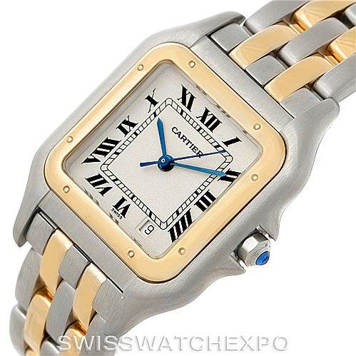 The image shows a frontal view of a Cartier Panthere W25028B6 Men's Steel and Gold (two tone) Beige Dial W25028B6 Men's Steel and Gold (two tone) Beige Dial watch, highlighting its two-tone stainless steel and gold case and bracelet.