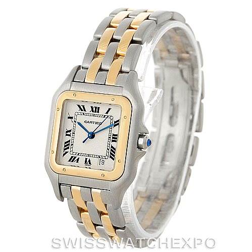 The image shows a Cartier Panthere W25028B6 Men's Steel and Gold (two tone) Beige Dial W25028B6 Men's Steel and Gold (two tone) Beige Dial watch at a three-quarter angle, highlighting its two-tone bracelet and square dial with Roman numerals.