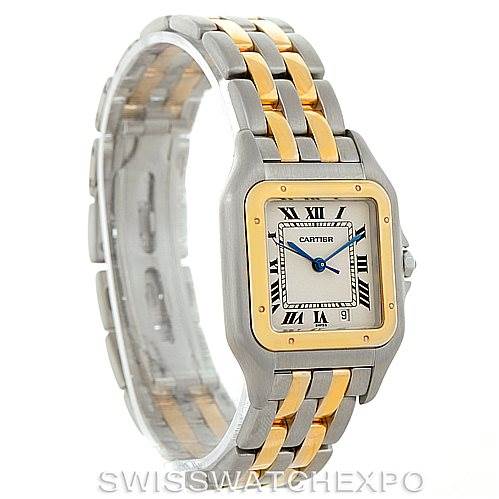 This image shows a Cartier Panthere W25028B6 Men's Steel and Gold (two tone) Beige Dial W25028B6 Men's Steel and Gold (two tone) Beige Dial watch at a three-quarter angle, highlighting its two-tone bracelet and square face with Roman numerals.