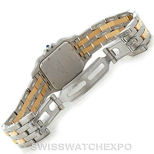 The image shows the back view of a Cartier Panthere W25028B6 Men's Steel and Gold (two tone) Beige Dial W25028B6 Men's Steel and Gold (two tone) Beige Dial watch, highlighting its metal and gold bracelet and clasp.