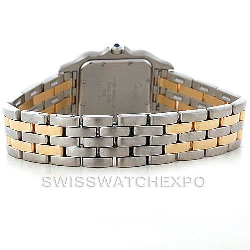 The image shows the back of the Panthere model by Cartier, highlighting its two-tone metal bracelet and case back.