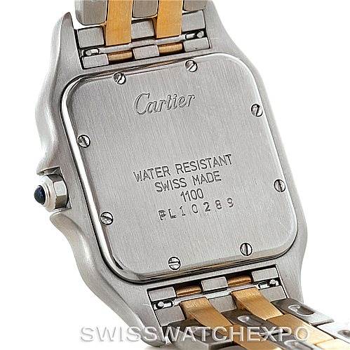 The image shows the back case and partial bracelet of a Cartier Panthere W25028B6 Men's Steel and Gold (two tone) Beige Dial W25028B6 Men's Steel and Gold (two tone) Beige Dial watch at an angled view.