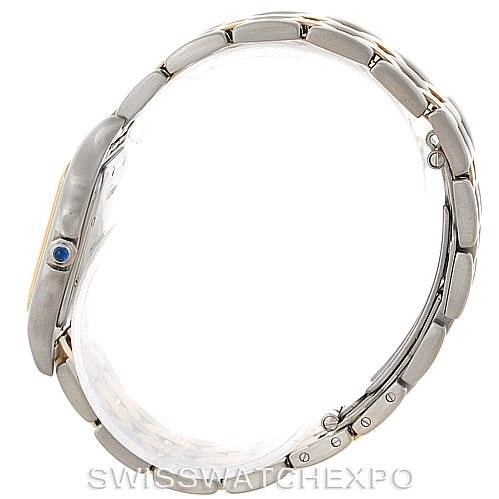 This image shows the side profile of a Cartier Panthere W25028B6 Men's Steel and Gold (two tone) Beige Dial W25028B6 Men's Steel and Gold (two tone) Beige Dial watch, highlighting its links and crown with a blue cabochon.