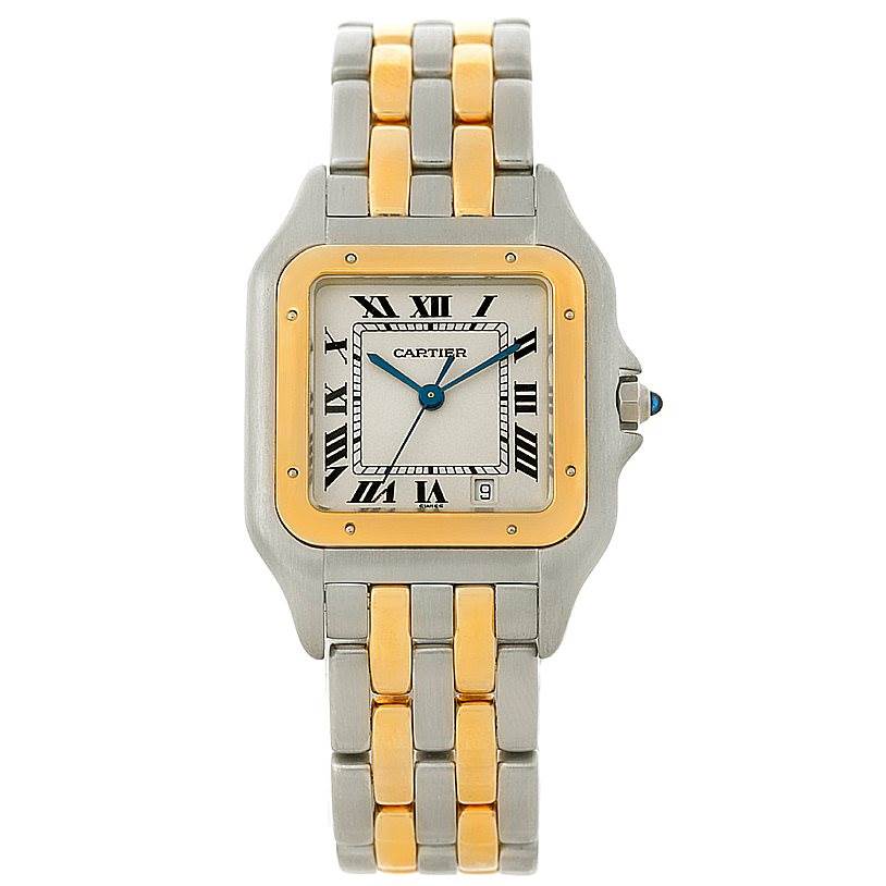 The image shows a Cartier Panthere W25028B6 Steel and Gold (two tone) Beige Dial W25028B6 Steel and Gold (two tone) Beige Dial watch from a front angle, featuring a two-tone bracelet, Roman numeral dial, and date window.