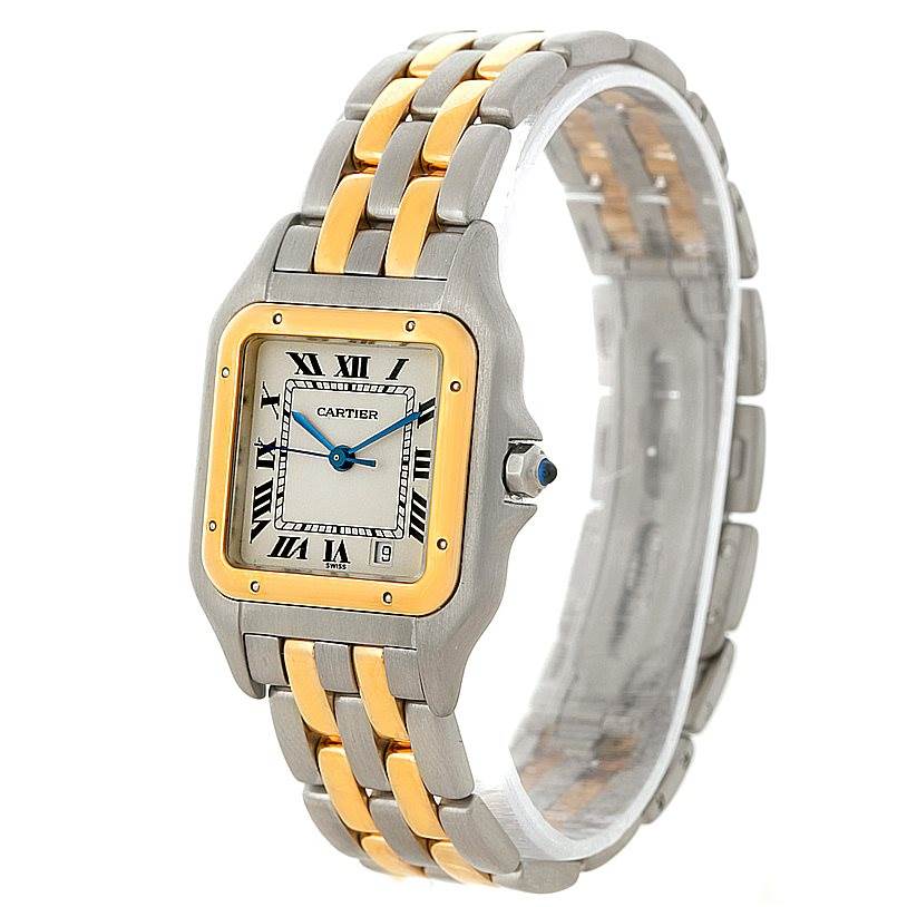 The image shows a Cartier Panthere W25028B6 Steel and Gold (two tone) Beige Dial W25028B6 Steel and Gold (two tone) Beige Dial watch at a 3/4 angle, highlighting its two-tone bracelet and square face with Roman numerals.
