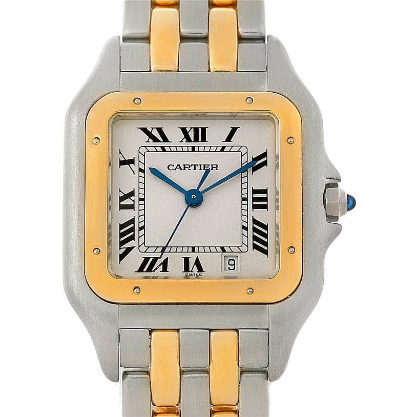 The image shows a close-up of the dial and part of the bracelet of a Cartier Panthere W25028B6 Steel and Gold (two tone) Beige Dial W25028B6 Steel and Gold (two tone) Beige Dial watch from a front angle.