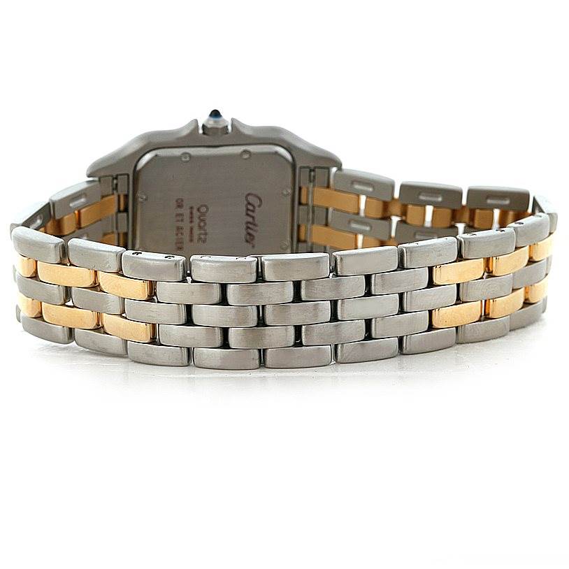 The image shows the back view of a Cartier Panthere W25028B6 Steel and Gold (two tone) Beige Dial W25028B6 Steel and Gold (two tone) Beige Dial watch, highlighting its two-tone metal bracelet.