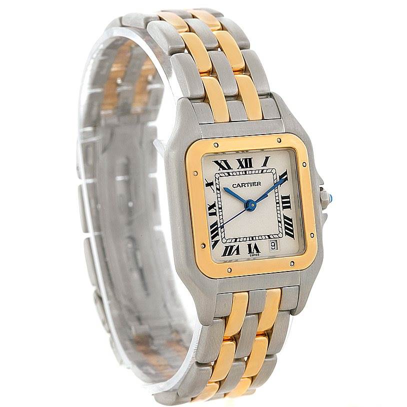 The Panthere model by Cartier is shown at a slight angle, highlighting the two-tone metal bracelet and square watch face with Roman numerals.