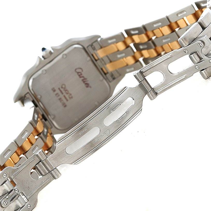The image shows the back and clasp of a two-tone Cartier Panthere W25028B6 Steel and Gold (two tone) Beige Dial W25028B6 Steel and Gold (two tone) Beige Dial model watch.