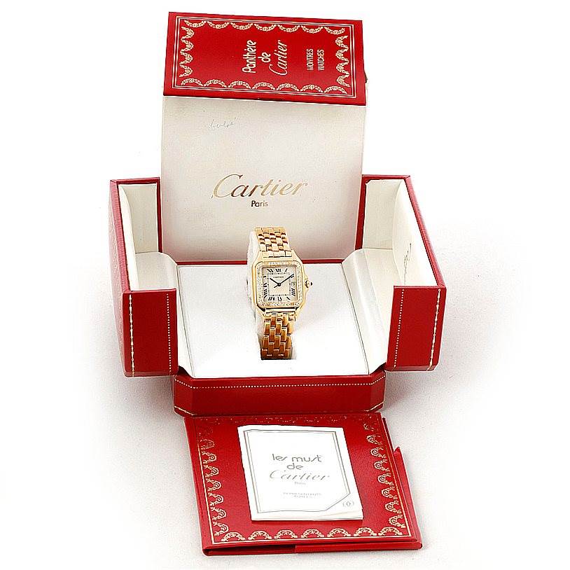 The image shows a Cartier Panthere Yellow Gold Silver Dial Yellow Gold Silver Dial watch at a front angle, displayed in its open red and white Cartier box.