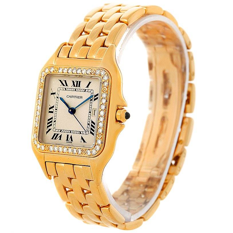 The Cartier Panthere Yellow Gold Silver Dial Yellow Gold Silver Dial watch is shown at a front angle, displaying the face, bezel with diamonds, and gold linked band.
