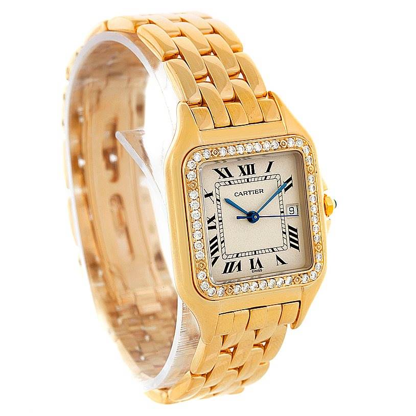 The Cartier Panthere Yellow Gold Silver Dial Yellow Gold Silver Dial watch is shown from a three-quarter angle, highlighting its gold bracelet, square face, and Roman numeral dial.