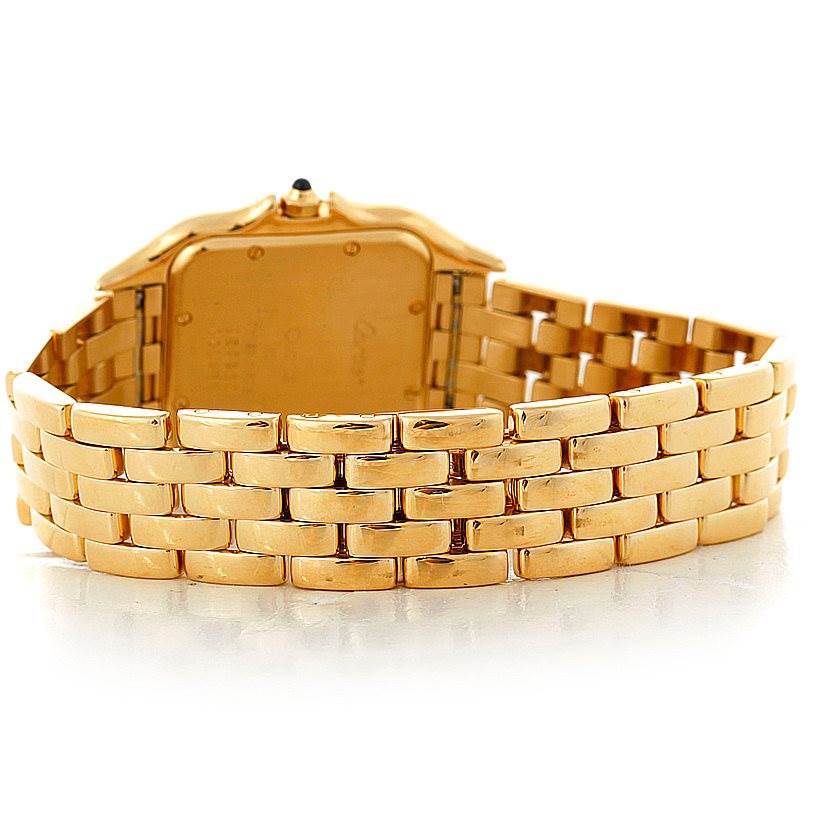 This image shows the rear view of the gold bracelet and case of a Cartier Panthere Yellow Gold Silver Dial Yellow Gold Silver Dial watch.