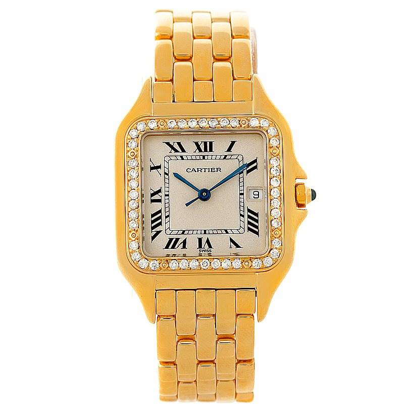 The image shows a Cartier Panthere Yellow Gold Silver Dial Yellow Gold Silver Dial watch from a front angle, revealing its face, bezel, and bracelet in a gold tone.