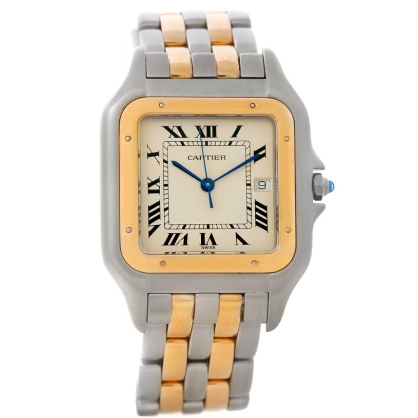 The image shows a front view of a Cartier Panthère watch displaying its dial, bracelet, and case.