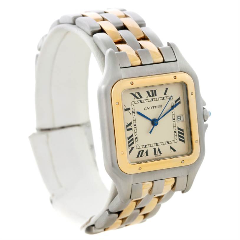 The Cartier Panthere Steel and Gold (two tone) Silver Dial Steel and Gold (two tone) Silver Dial watch is shown at a slight angle, displaying its face, bezel, and two-tone bracelet.