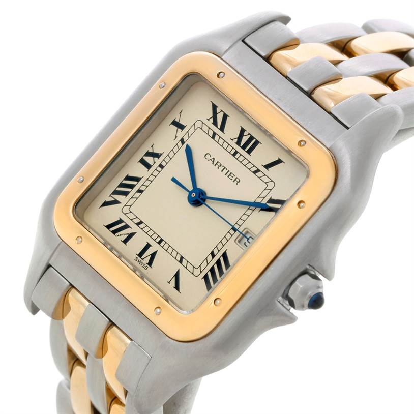 The image shows a close-up of the Cartier Panthere Steel and Gold (two tone) Silver Dial Steel and Gold (two tone) Silver Dial watch, highlighting its face, bezel, and part of the two-tone bracelet.