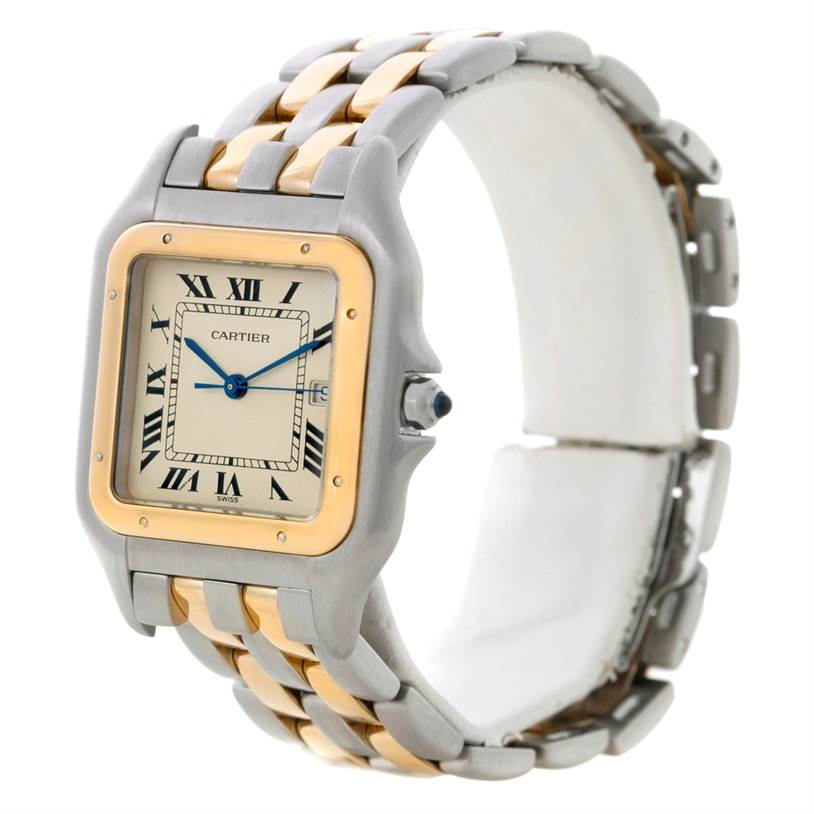 The image shows a Cartier Panthere Steel and Gold (two tone) Silver Dial Steel and Gold (two tone) Silver Dial model watch from a slight side angle, highlighting its face, bezel, and bracelet.